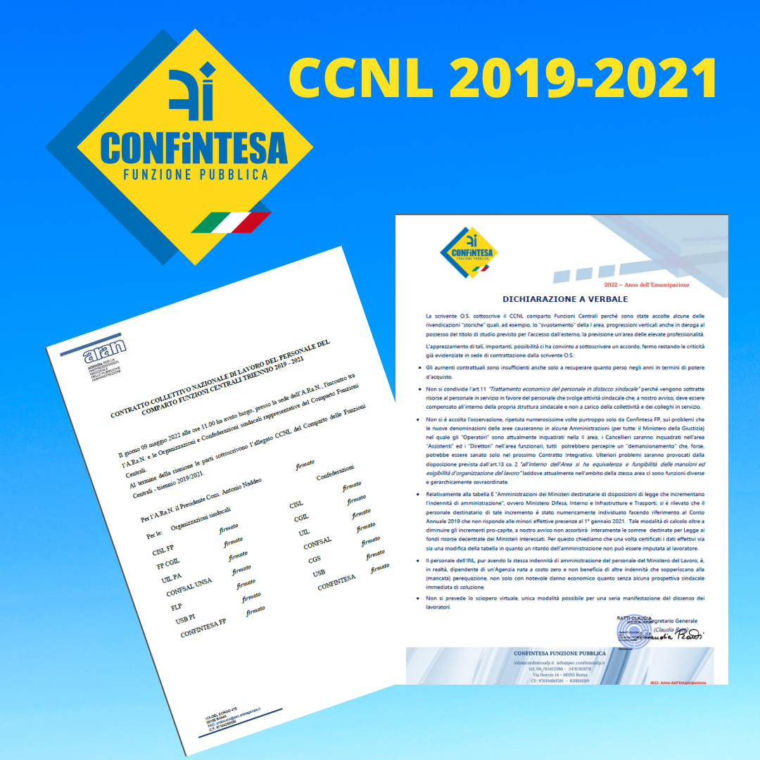 CCNL 2019-2021 E LA NOTA A VERBALE DI CONFINTESA FP – Confintesa FP